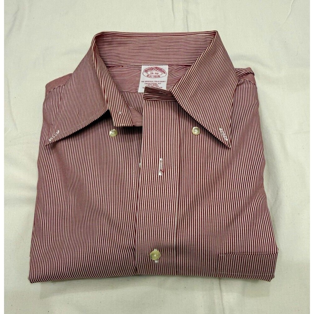 Brooks Brothers Men’s Red/White Striped Non-Iron Dress Shirt 15 32